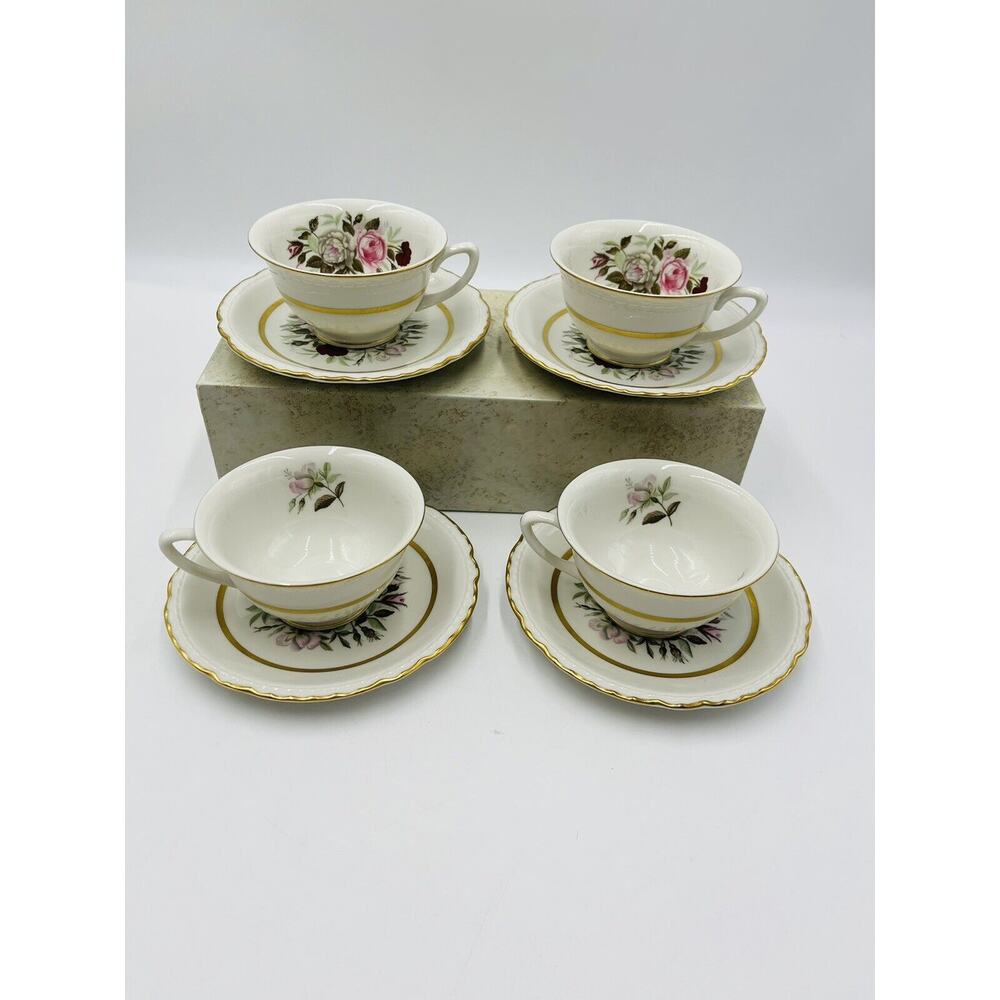 Royal Jackson Fine China Set Of 4 Teacup And Saucer Flower W/ Gold Trim